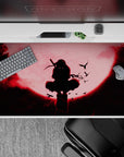 Intense 40x20 desk pad with ninja silhouette against crimson moon perfect for atmospheric workspace decor