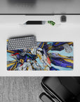 28x12 inches anime mouse pad in deep cobalt and white, spark-like space dust dots, bold red and neon green pop.