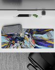 32x12 inches anime mouse pad in deep cobalt and space-dust sparkles, with red crest and neon green pop.