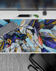 Cobalt-and-white anime desk pad 40x20 inches with gold highlights, red crest, and space-dust sparks.