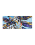 28x12 inches anime mouse pad with Wing Gundam Zero, cobalt sky backdrop, white armor and gold accents.