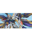 36x16 inches anime desk pad with Wing Gundam Zero, cobalt backdrop, white armor, gold accents.