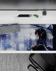 Cool blue-gray snowy mood anime desk pad 36x16 inches with crisp whites, soft shadows, sparkle flakes.