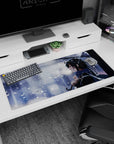 Quiet anime girl under a clear umbrella at night on a 36x16 inches desk pad, black tied hair and scarf.