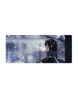 28x12 inches anime girl mouse pad with clear umbrella, snowflake scarf, and city light bokeh winter scene.