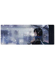 Winter romance anime girl mouse pad desk mat 32x12 inches with clear umbrella and snowy city bokeh.