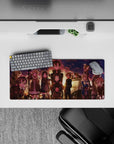 Anime mouse pad 28x12 inches featuring characters under a sunset glow, with warm lighting and nostalgic atmosphere.
