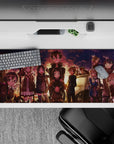 Anime desk pad 36x16 inches with golden hour scene, featuring characters smiling in warm sunset lighting, perfect for fans.