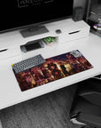 Anime mouse pad 28x12 inches featuring characters in jackets with cats, set against a sunset from plum to gold.