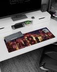 Anime mouse pad 32x12 inches featuring characters in sunset hues, capturing warmth and nostalgia with smiles and unique expressions.