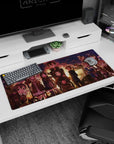 Anime desk pad 36x16 inches featuring characters in a sunset scene with smiles and jackets, evoking nostalgia and warmth.