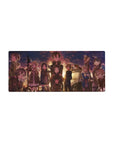 Anime mouse pad 28x12 inches with characters in warm sunset hues, featuring jackets, cats, and unique expressions.
