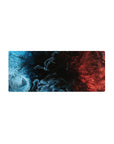 Mouse pad featuring a blue and orange abstract design, 28x12 inches, with orange bursts against a deep blue and black background.