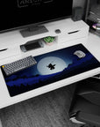 Anime desk pad 36x16 inches with a lone samurai silhouetted mid-air against a full moon, cool blues and deep blacks.