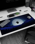 Anime desk pad 40x20 inches featuring a lone samurai silhouetted against a full moon above forests and mountains.