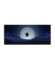 Anime mouse pad 28x12 inches featuring a lone samurai mid-air against a full moon, with blues and blacks for a serene vibe.