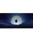 Anime desk pad featuring a lone samurai silhouetted against a full moon, 36x16 inches, in cool blues and deep blacks.