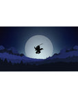 Anime desk pad 40x20 inches featuring a lone samurai silhouetted mid-air against a full moon, with forests and mountains.