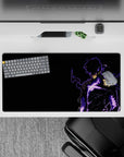 Impactful 32x16 desk pad combines deep blacks, vibrant purples, and sharp linework for visually striking yet functional visuals