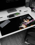 Anime desk pad 40x20 inches featuring Mikasa Ackerman from Attack on Titan in battle, deep green cloak and vivid details.