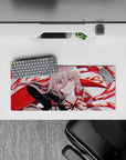 Anime mouse pad featuring Silver Wolf in a devilish form, size 28x12 inches, with bold crimson swirls and pastel highlights.