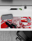 Anime mouse pad 32x12 inches featuring Silver Wolf in devilish form with arrows, crimson swirls, and pastel highlights.