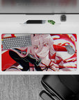Anime mouse pad 32x16 inches featuring Silver Wolf in devilish form, gripping arrows, with bold crimson swirls and pastel highlights.