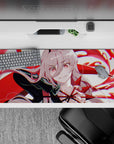 Anime desk pad 36x16 inches featuring Silver Wolf in devilish form, gripping arrows amidst bold crimson swirls and pastel highlights.