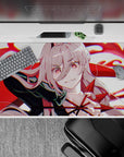 Anime desk pad featuring Silver Wolf in devilish form, 40x20 inches, with bold crimson swirls and pastel highlights.