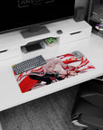 Anime mouse pad featuring Silver Wolf in devilish form, 28x12 inches. Crimson swirls, pastel highlights, surreal design.