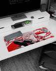 Anime mouse pad featuring Silver Wolf with arrows, red swirls, and pastel highlights, 32x12 inches, adds flair to your desk.