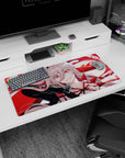 Anime mouse pad 32x16 inches featuring Silver Wolf in devilish form, gripping arrows amid bold crimson swirls and pastel highlights.