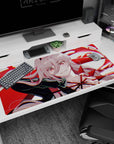 Anime desk pad featuring Silver Wolf in devilish form, gripping arrows amidst crimson swirls. Size: 40x20 inches.
