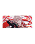 Anime mouse pad featuring Silver Wolf in devilish form, 28x12 inches. Bold red and white design enhances gaming setup.