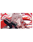 Anime mouse pad 32x16 inches featuring Silver Wolf in devilish form with arrows, set against bold crimson swirls.