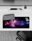 Purple haze and electric blue on midnight black, 28x12 inches, calming dreamy desk mouse pad.