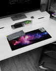 Deep space scene with tiny glitter-like stars in swirling clouds, 28x12 inches, extended mouse pad.