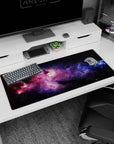 Deep space scene desk pad 36x16 inches with glitter-like stars and cosmic swirls across the surface.