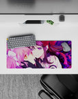 28x12 inches neon magenta and violet anime mouse pad with dreamy stained-glass swirl background.