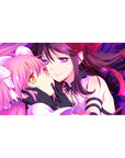 Anime girl desk pad 40x20 inches with two girls cheek-to-cheek, gloves, ribbons, stained-glass swirl.