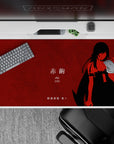 Crimson red anime desk pad 40x20 inches, high-contrast minimal art with midnight poster vibe and sharp lines.