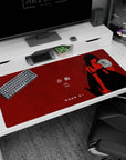 Mysterious anime girl silhouette desk pad 40x20 inches, cool dangerous pose with Japanese lettering on red.