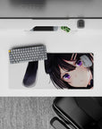 28x12 inches cozy goth-cute mouse pad, glossy violet eyes, blush cheeks, black ribbon ears on white.