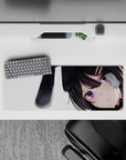 32x12 inches cozy goth-cute mouse pad in soft shading, black ribbon ears, blush cheeks, clean white.