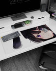 Shy bunny girl with black ribbon ears and tiny hair clips on anime desk pad 36x16 inches.