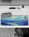 Creative 32x12 mouse pad featuring mountains, rivers, and pastel skies, perfect for inspiring focus and creativity in your workspace