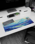 Peaceful 32x12 mouse pad with flowing rivers, towering mountains, and soft pastel skies for a serene and inspiring desk setup