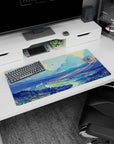 Serene 32x16 mouse pad with mountains, rivers, and pastel skies, perfect for promoting peaceful focus and creativity at your desk