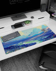 Peaceful 36x16 anime desk mat with flowing rivers, towering mountains, and pastel skies for a calm and focused desk environment