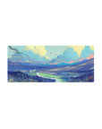 Vibrant landscape 28x12 mouse pad with flowing rivers, towering mountains, and pastel skies, perfect for a calm workspace vibe